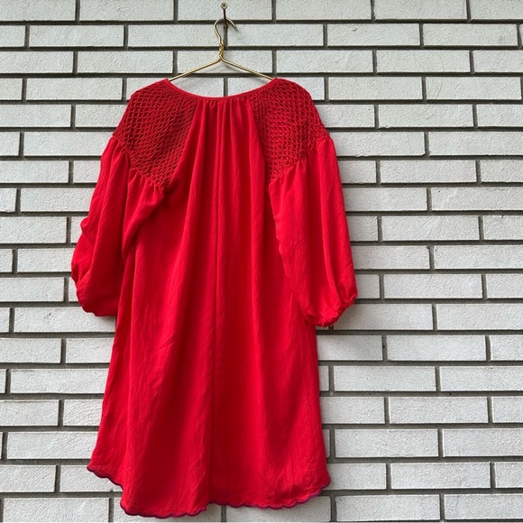 Pomander Place Parker Dress Poppy Red Puff Sleeve Smocked Cotton Blend - Picture 10 of 13